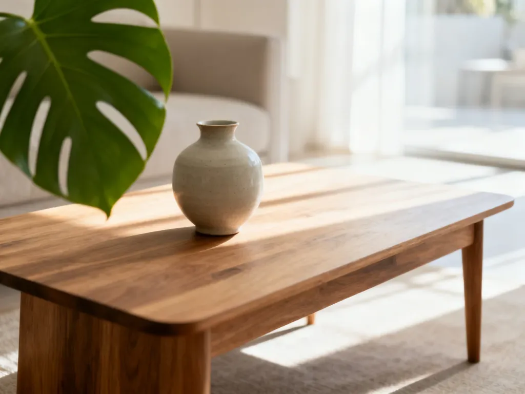 Minimalistyczny drewniany stolik kawowy z ceramicznym wazonem w jasnym, nowoczesnym salonie w stylu skandynawskim.