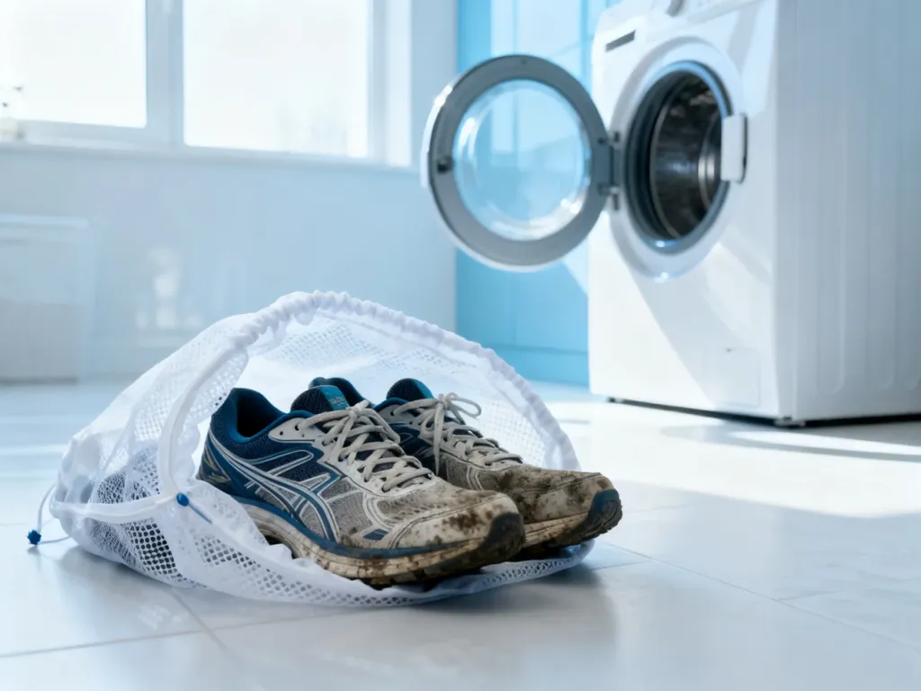 Brudne buty sportowe w siatkowym worku do prania, przygotowane do umieszczenia w pralce w jasnej, nowoczesnej pralni.