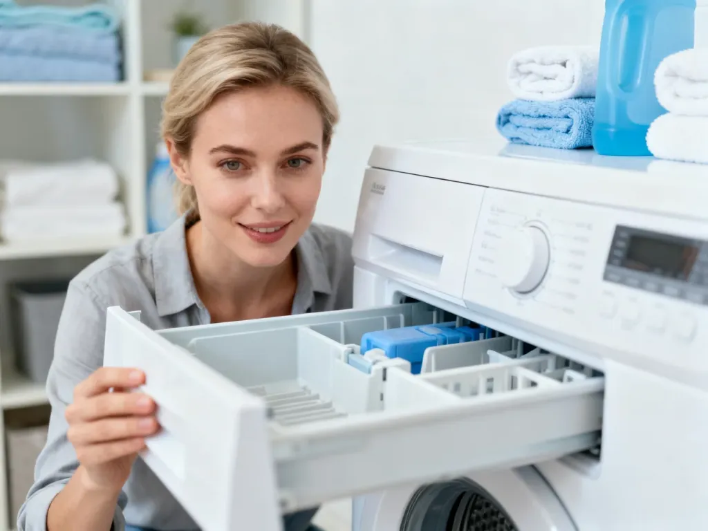 Kobieta otwiera szufladę na detergent w nowoczesnej pralce, pokazując miejsce dozowania proszku do prania.