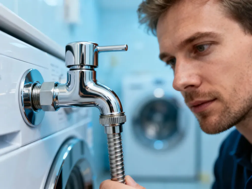 Mężczyzna montujący nowoczesny chromowany zawór do pralki. Zbliżenie na precyzyjne połączenie instalacji hydraulicznej.
