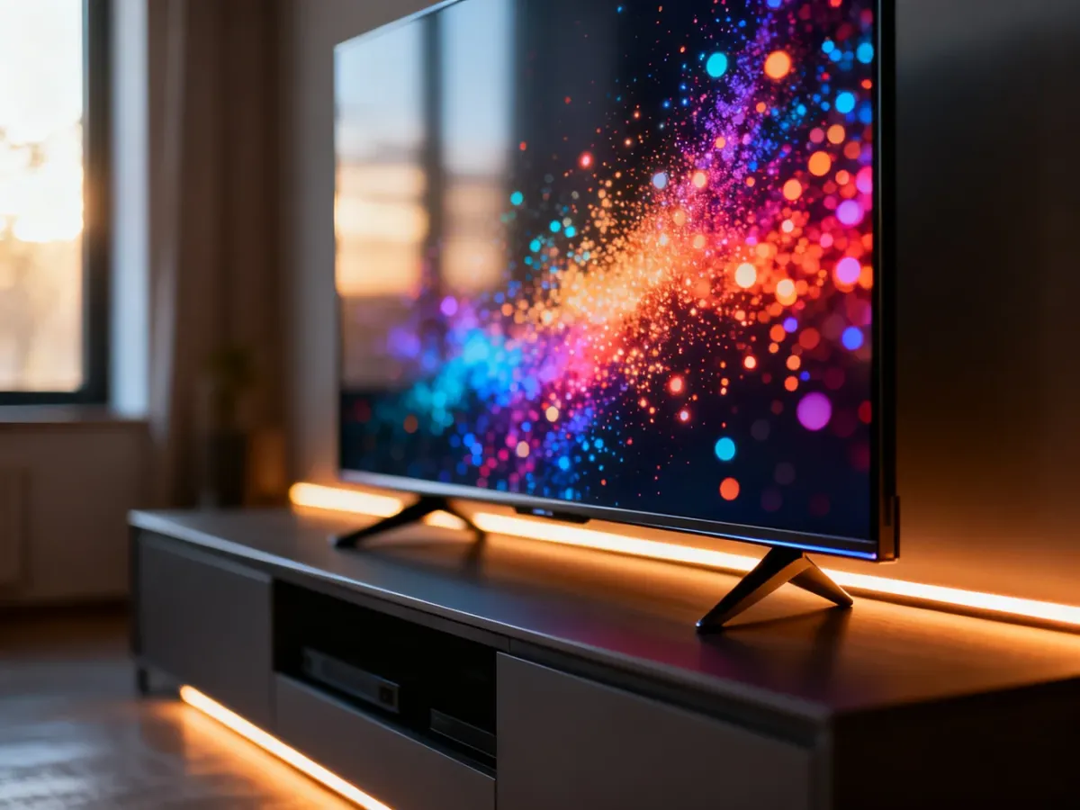 Nowoczesny telewizor z żywym, kolorowym obrazem w minimalistycznym salonie, podkreślający wysoką jakość wyświetlania.