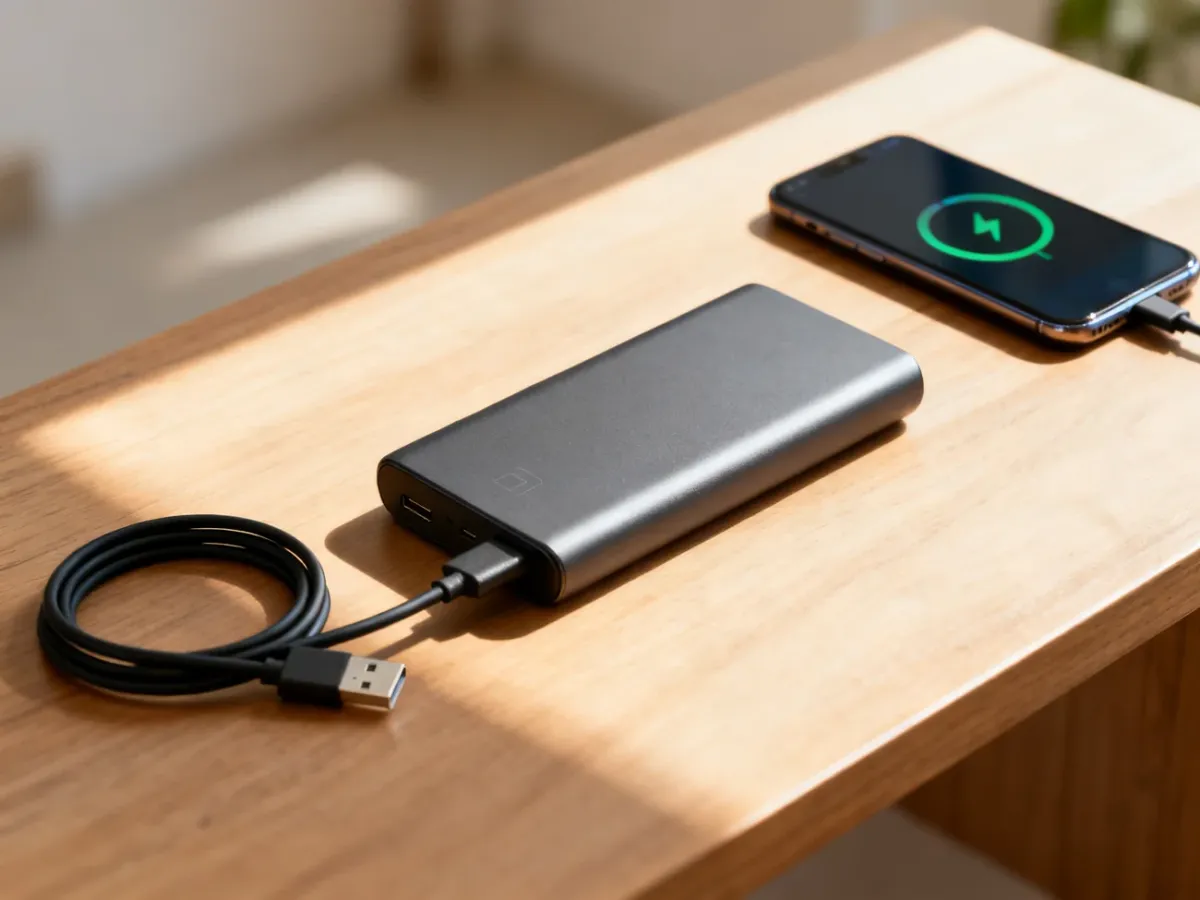 Nowoczesny powerbank z kablem USB-C na drewnianym biurku, ładujący smartfon w promieniach porannego słońca.