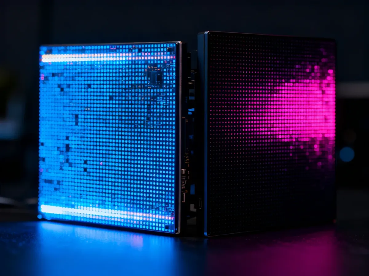 Porównanie technologii wyświetlania LED i OLED z widoczną strukturą pikseli oraz różnicą w kontraście i głębi czerni.