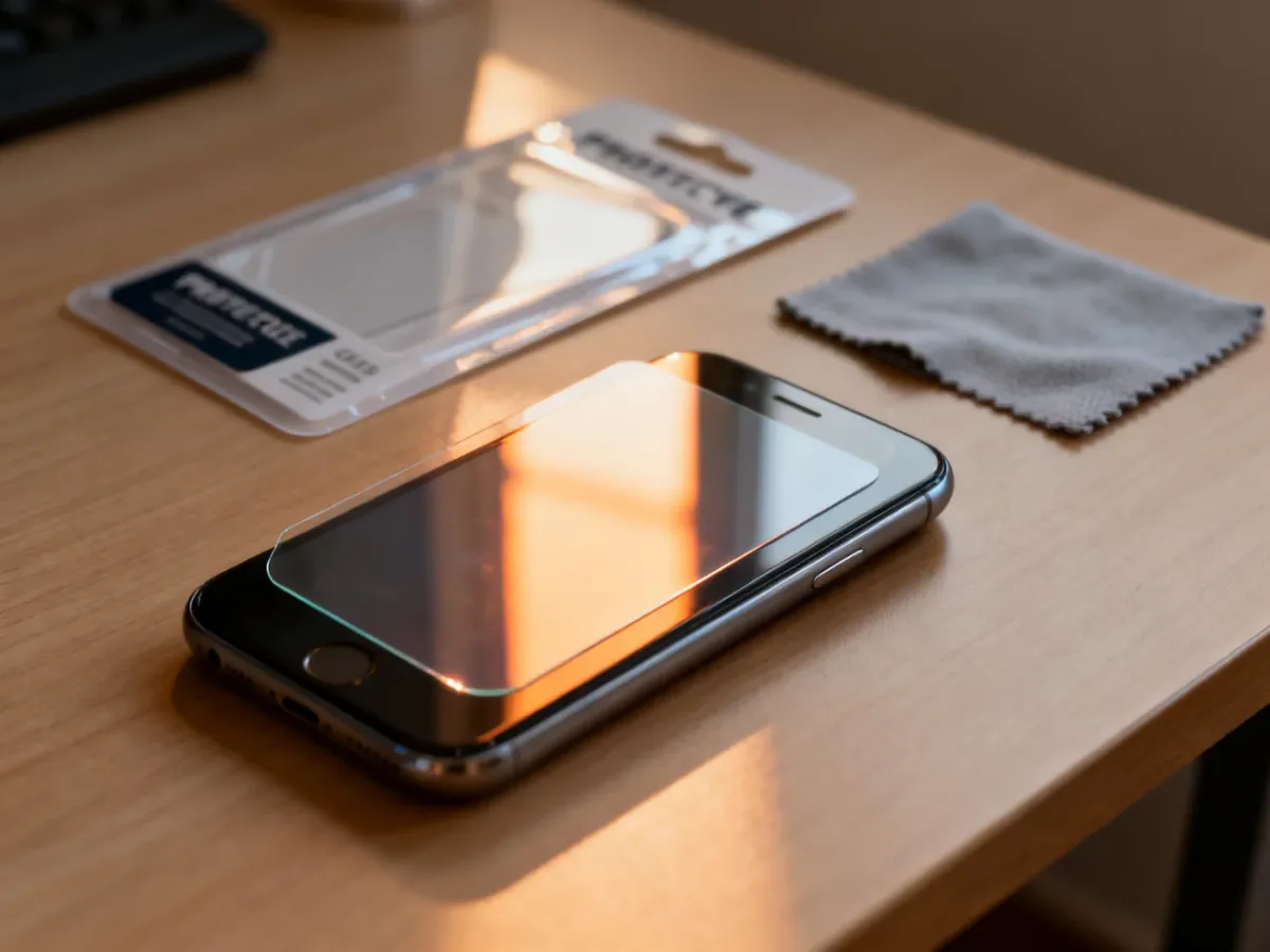 Nowoczesny smartfon z naklejanym szkłem ochronnym na drewnianym biurku, obok ściereczka i opakowanie folii zabezpieczającej.