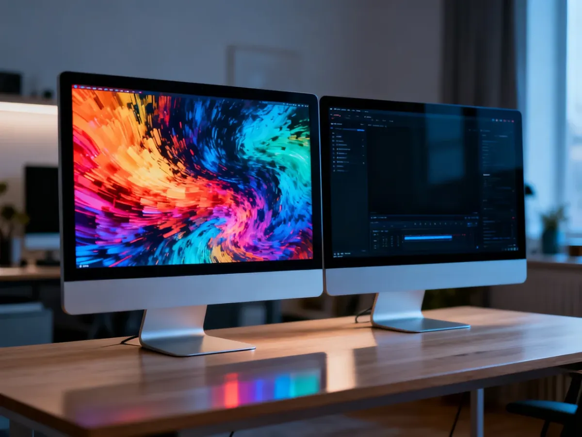Dwa nowoczesne monitory na biurku prezentujące różnice w kontraście i kolorystyce obrazu między technologiami wyświetlania.
