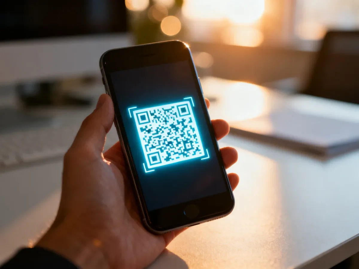 Dłoń trzymająca smartfon z wyświetlonym kodem QR na tle biurowego wnętrza.