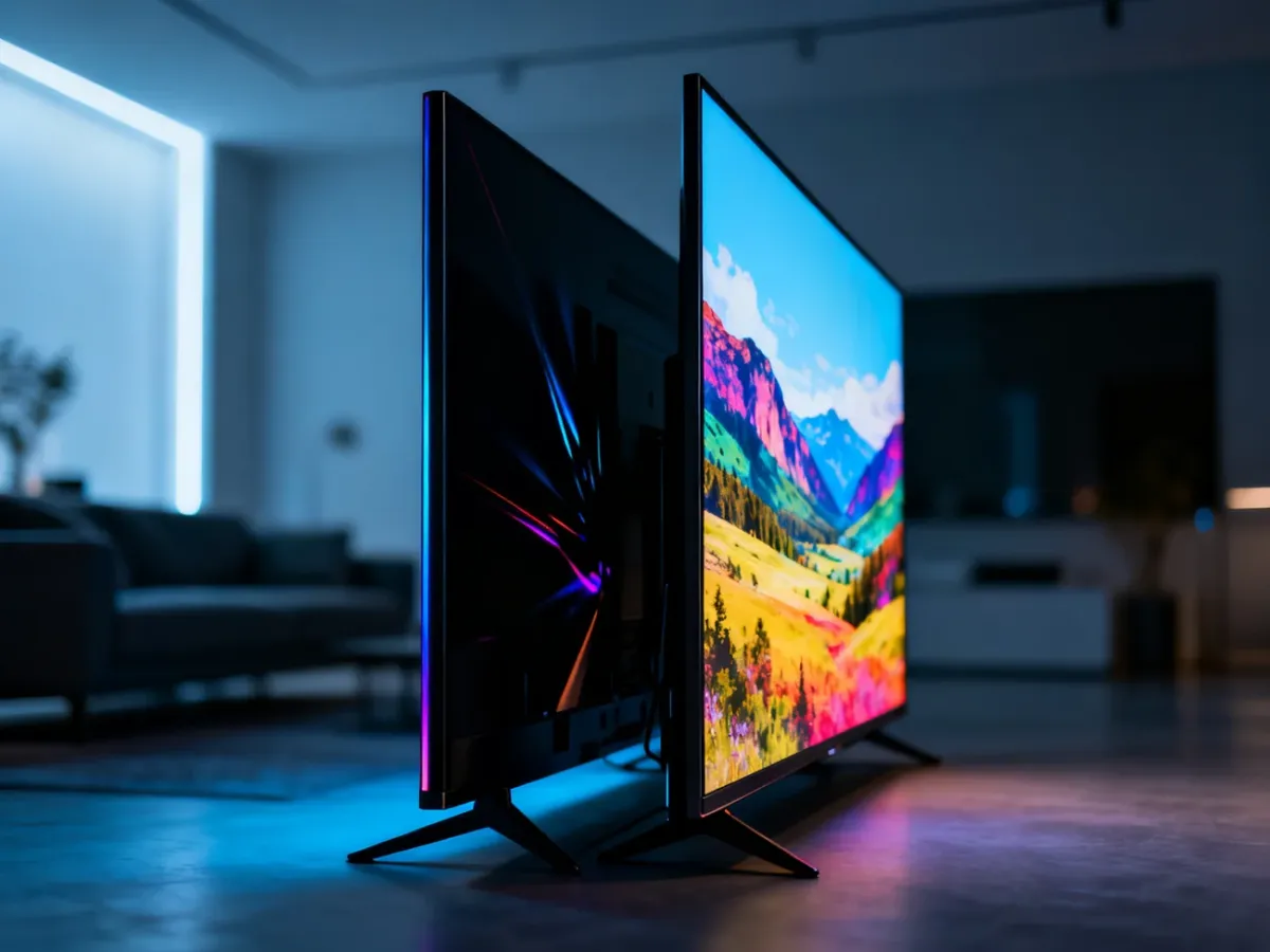 Porównanie jakości obrazu telewizorów OLED i QLED w nowoczesnym salonie, ukazujące różnice w kontraście i nasyceniu barw.