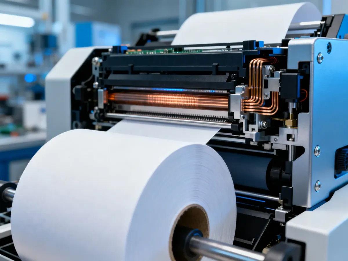 Zbliżenie na głowicę drukującą nowoczesnej drukarki termicznej z widocznym mechanizmem grzewczym i rolką papieru.