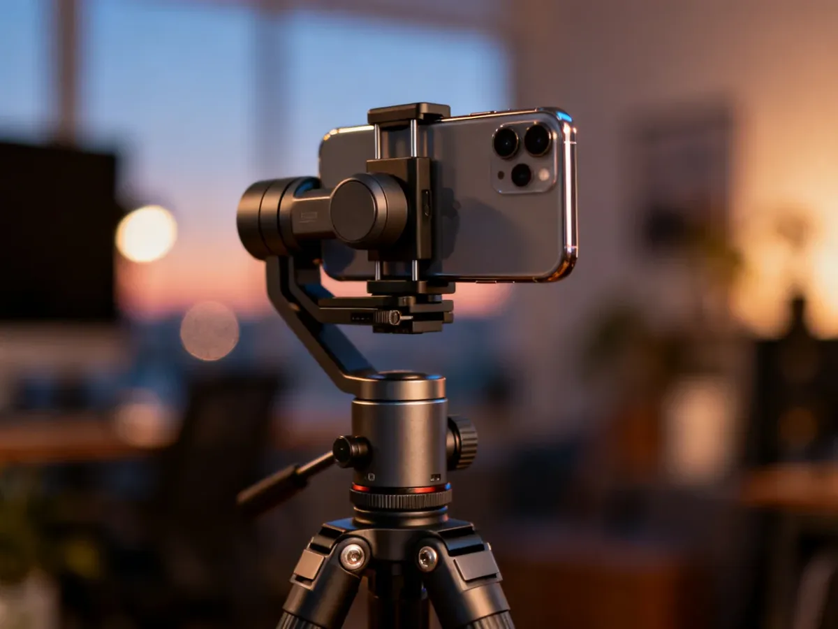 Profesjonalny gimbal do smartfona zamontowany na statywie, zapewniający płynną stabilizację obrazu podczas nagrywania.