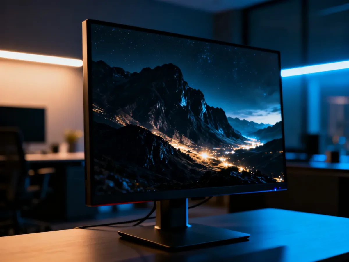 Monitor wysokiej klasy wyświetlający krajobraz o szerokim zakresie tonalnym, podkreślający głębię czerni i jasność barw HDR.