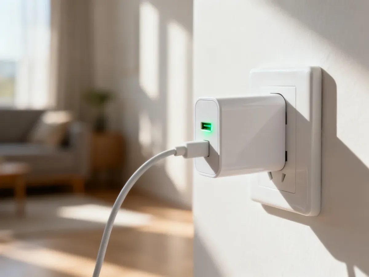 Biała ładowarka USB wpięta do gniazdka z zapaloną zieloną diodą, sygnalizującą poprawne działanie urządzenia.