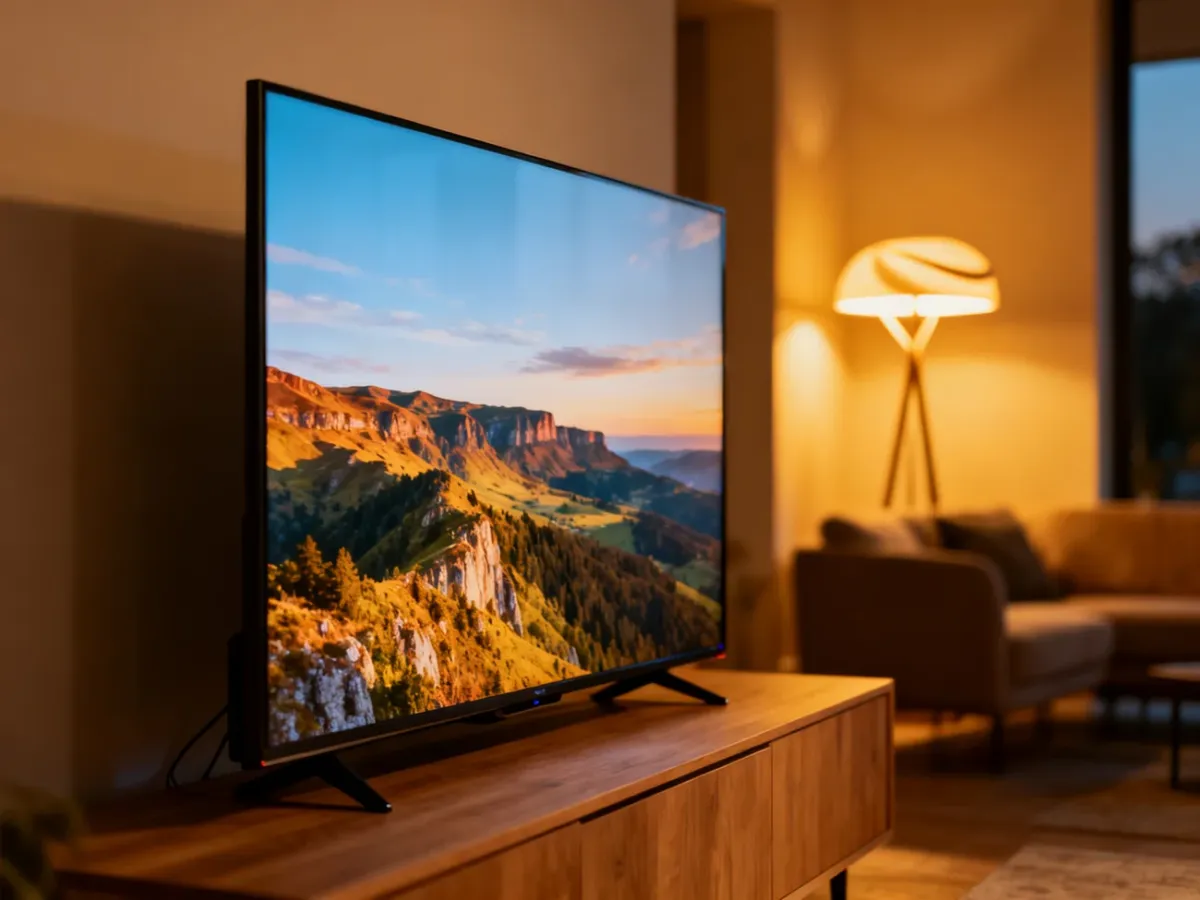 Nowoczesny salon z dużym telewizorem 4K zamontowanym na drewnianej ścianie, prezentującym wyraźny obraz w wysokiej jakości.