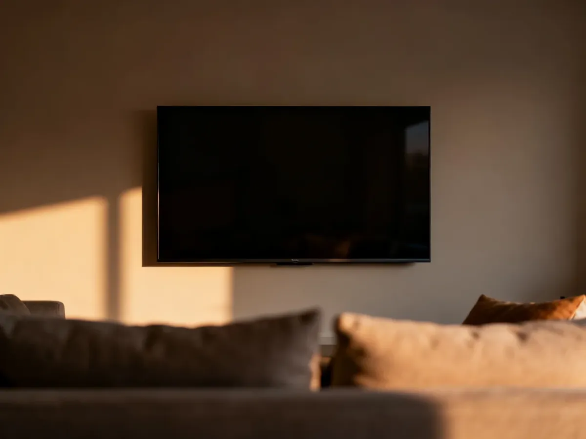 Nowoczesny salon z dużym telewizorem zamontowanym na ścianie, prezentujący przytulną aranżację wnętrza.
