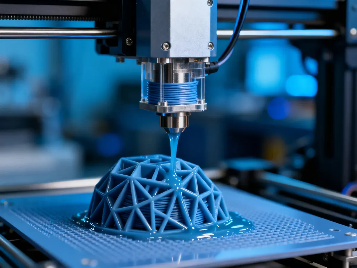 Dysza drukarki 3D precyzyjnie nakłada warstwę roztopionego filamentu, tworząc skomplikowany geometryczny model.