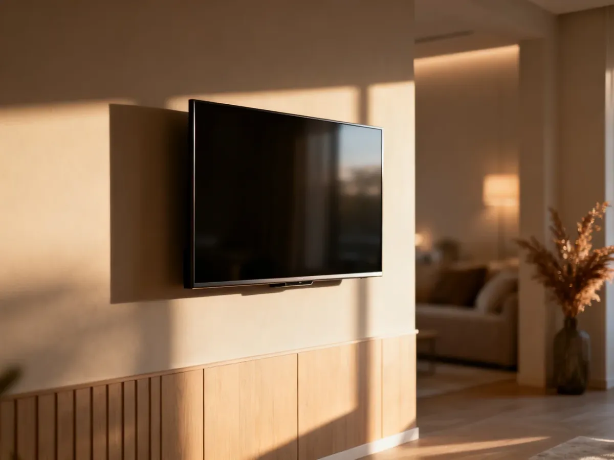 Nowoczesny salon z telewizorem zamontowanym na ścianie na wysokości wzroku, co zapewnia optymalny komfort oglądania.