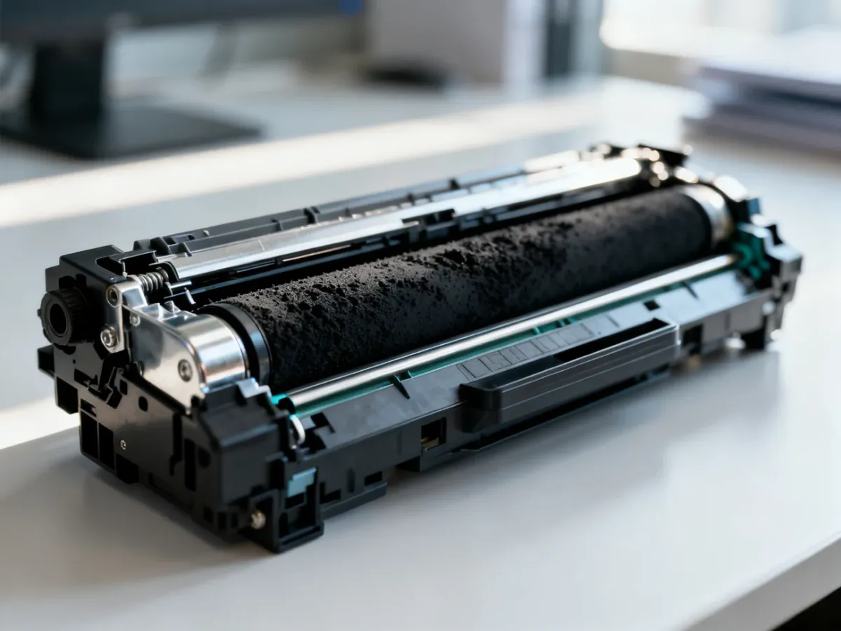 Zbliżenie na otwartą kasetę z tonerem laserowym, ukazujące drobny czarny proszek i metalowe elementy mechanizmu drukującego.