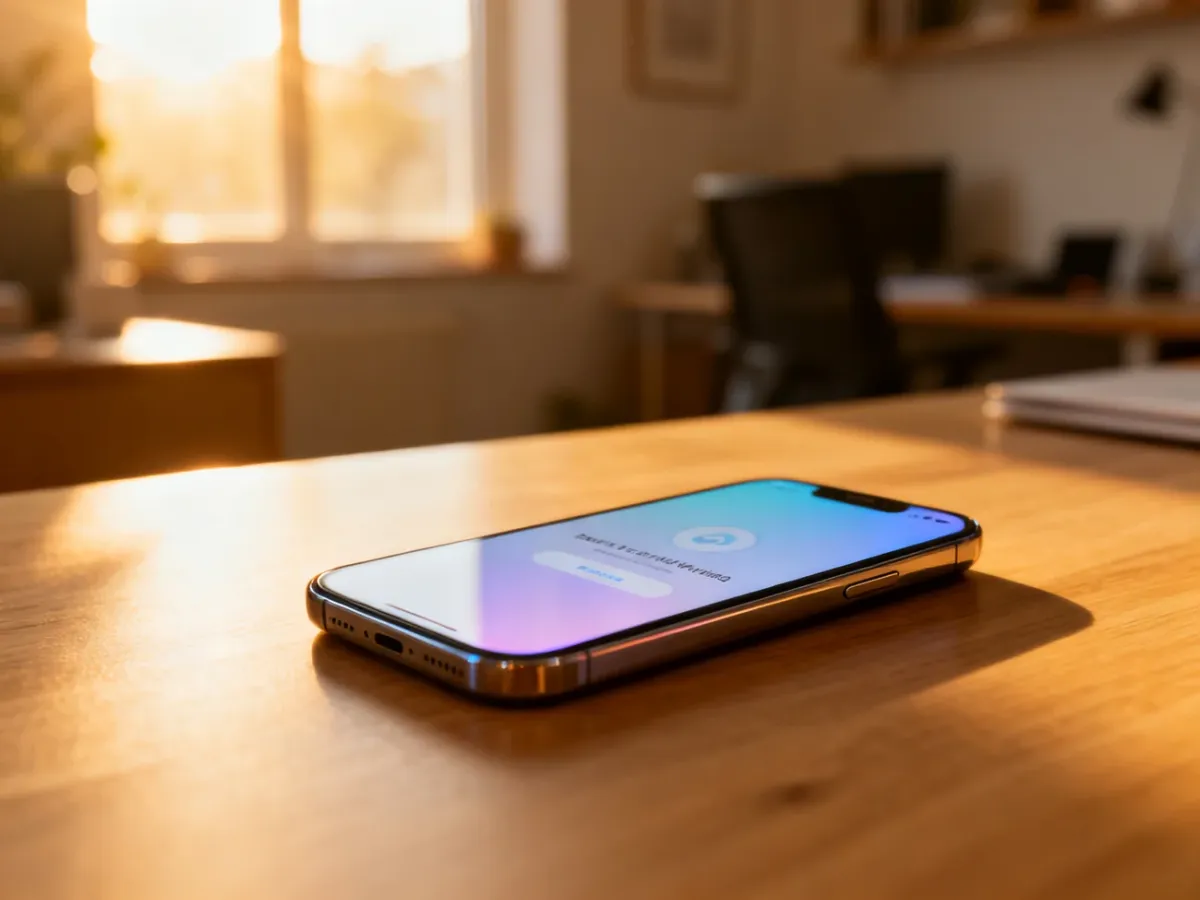 Nowy smartfon z włączonym kreatorem konfiguracji na minimalistycznym biurku w słonecznym domowym biurze.
