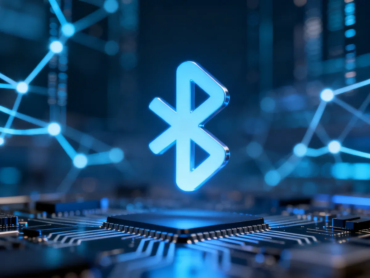 Świecący na niebiesko symbol Bluetooth unoszący się nad nowoczesną płytką drukowaną z liniami przesyłu danych.