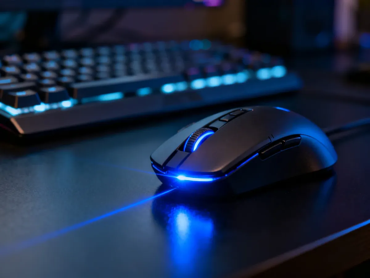 Zbliżenie na sensor myszy laserowej świecący na niebiesko na ciemnym biurku w tle z podświetlaną klawiaturą.