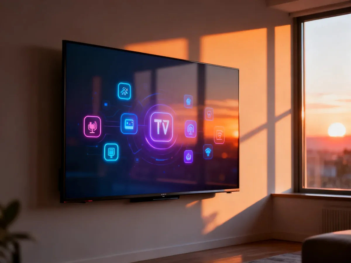 Nowoczesny telewizor w minimalistycznym salonie z wyświetlonymi ikonami interfejsu smart TV.